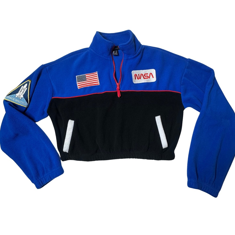 NASA Space Shuttle Cropped Fleece Pullover Women's Small Blue Black